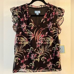 CeCe black and floral ruffle sleeve blouse